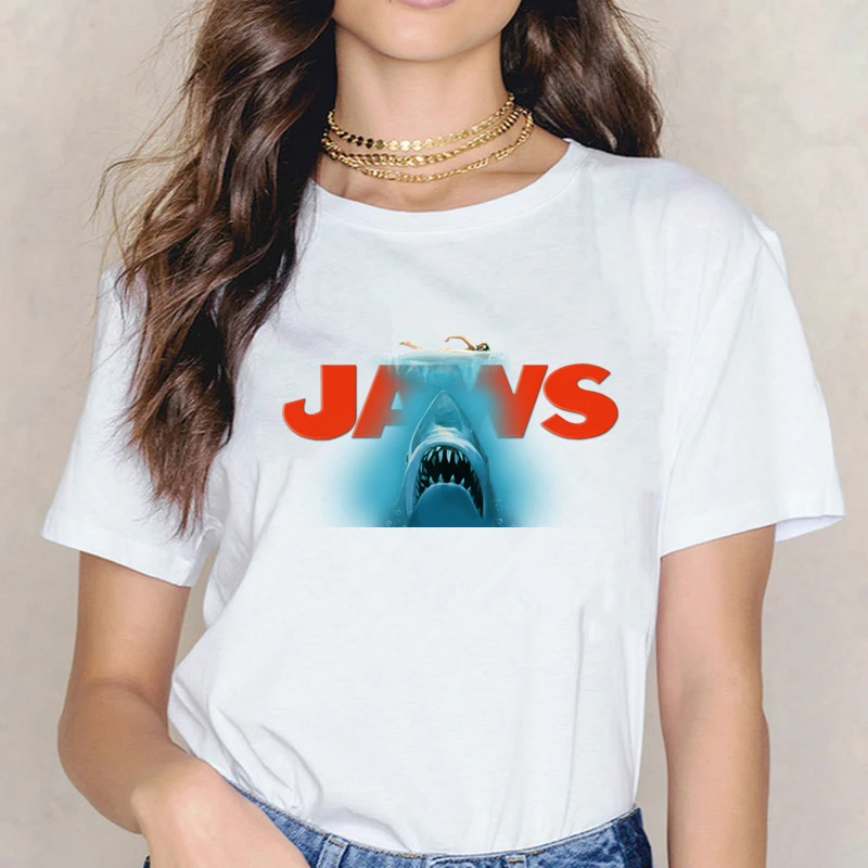 Jaws Movie Vintage Poster T-shirt Casual Cute Print T Shirt Summer Harajuku O Neck Short Sleeved Japanese Anime Top Tees | Женская