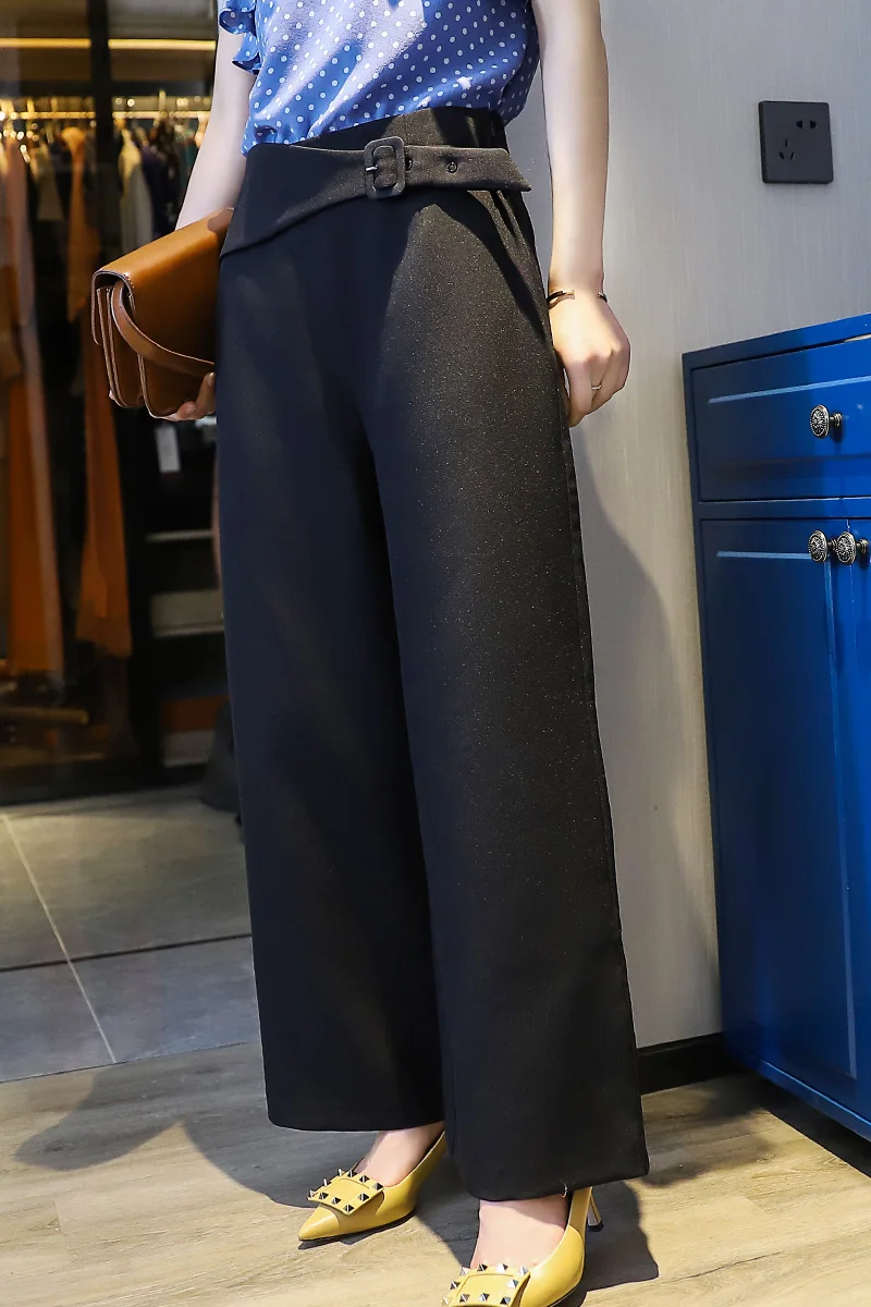 

Black wide-leg pants women's super slimming vertical irregular waist seal waist buckle not easy to wrinkle fabric pants straight