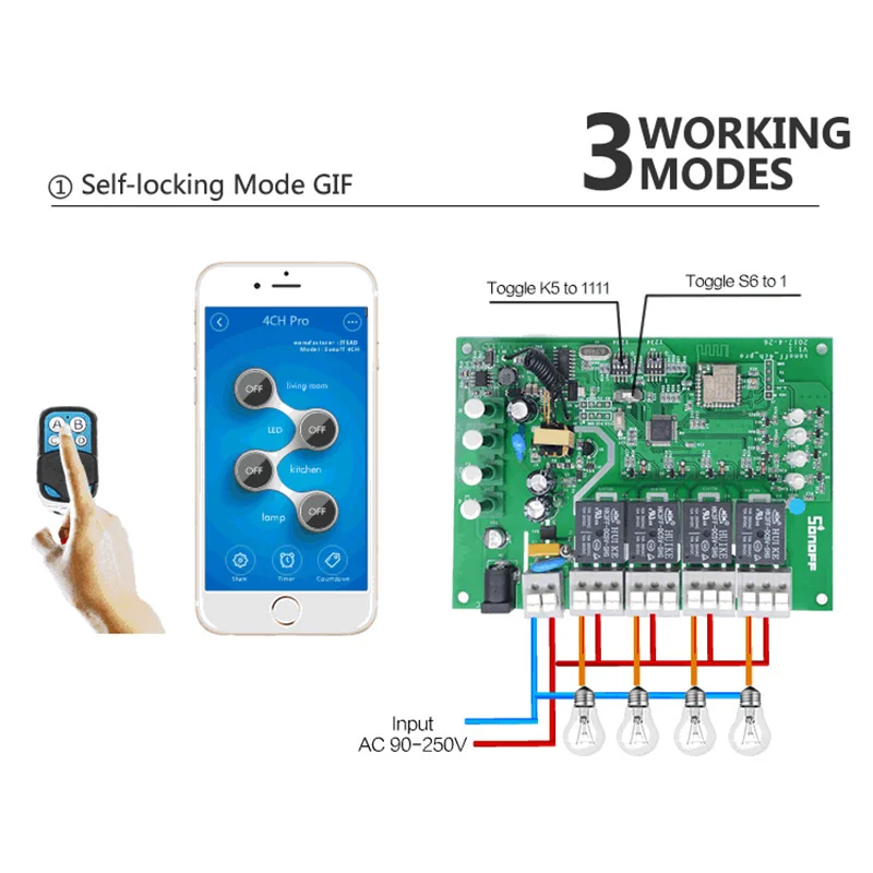 Sonoff 4CH Pro R2 433 МГц 4 канала RF беспроводной дистанционный Wifi умный переключатель инчинг интерлок реле Alexa Google Home