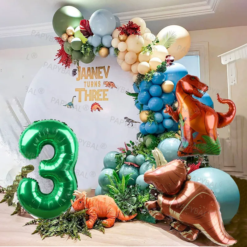 Globos de dinosaurio para cumplea&ntilde;os, guirnalda de arco para ni&ntilde;os, globo de papel de aluminio verde, jungla, Safari, Fiesta Tem&aacute;tica-0