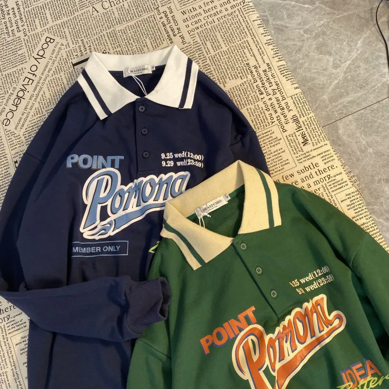 

Женская толстовка с длинным рукавом, винтажный свитшот большого размера с воротником-поло и надписью, корейский стиль, осень 2021