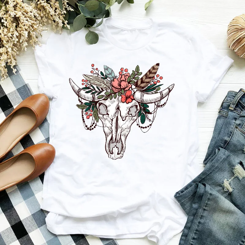 

Women T Shirt Flower Deer Print Tshirt Women Short Sleeve O Neck Loose T-shirt Ladies Summer Causal Tee Shirt Clothes Tops
