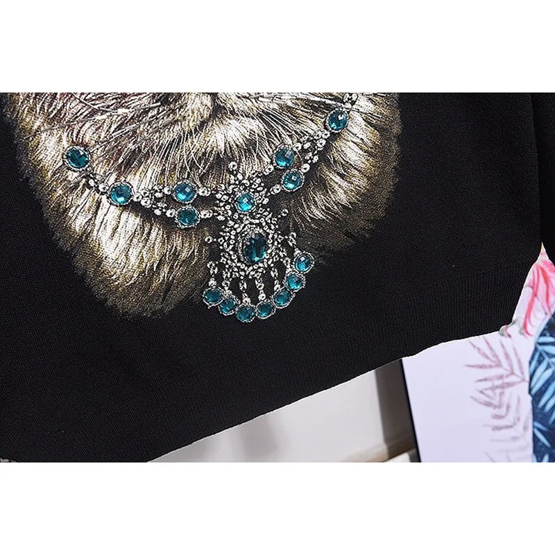 

Manual Beaded Diamond Cat Print Women Black Knit Tracksuit Outfits Long sleeve Knitwear Pullover Pencil Pant Female Casual Sets