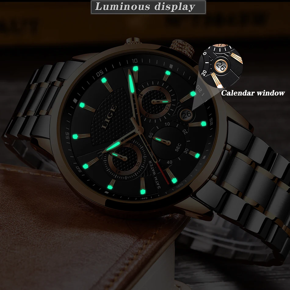 Reloj hombre модные золотые мужские часы lige top класса люкс Бизнес Нержавеющая сталь Водонепроницаемый кварцевые часы Для мужчин, спортивные часы