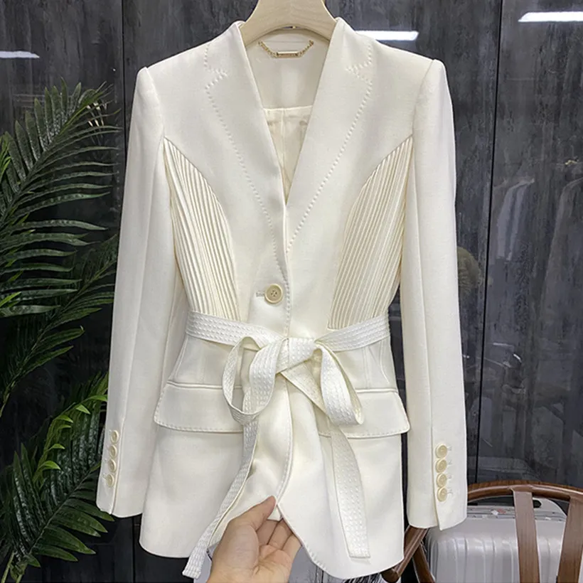

Spring Autumn Ladies New Blazer Fashion ol Long Sleeve Sashes notched Pleated small suit office lady