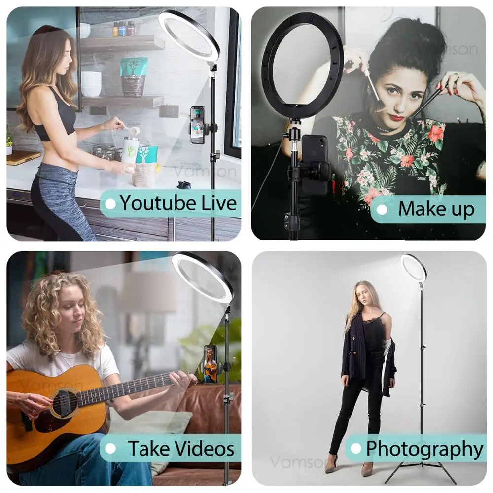 

Vamson Dimmable LED Ring Light Camera Photo Studio Photography Video Makeup Ring Lamp for Selfie Camera Ring Light VLS10B
