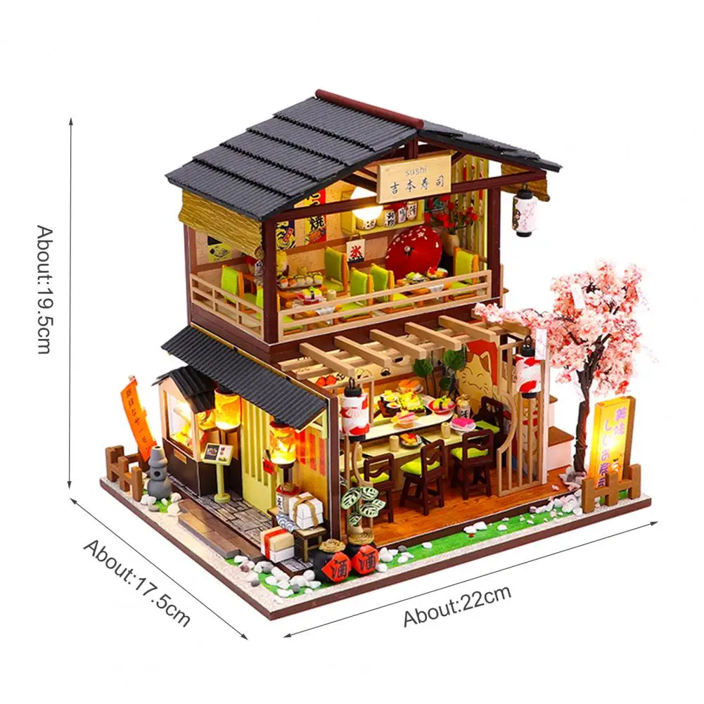 

1Set Dollhouse with LED Bulb DIY Creation Wooded Japanese Sushi Restaurant Dollhouse Kids Educational Toys for Children Gifts