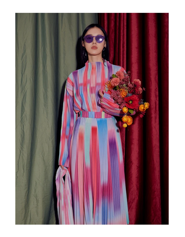 HOT SELLING Miyake fold fashion stand neck T-shirts + stripe skirt  Rainbow stripe  two-piece suit IN STOCK