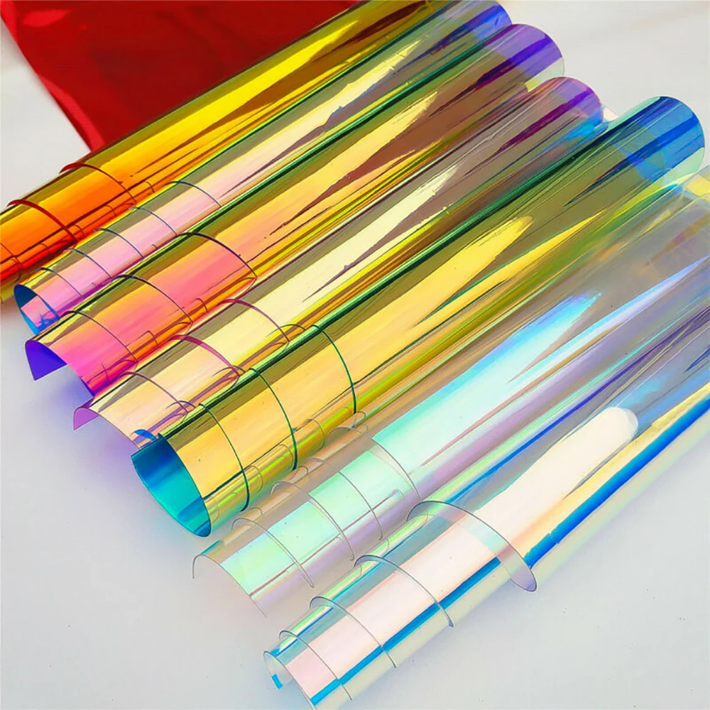 

Transparent PVC Laser Iridescent Holographic Film Clear Fabric Leather Rainbow Film Shiny Vinyl Material DIY Bow Craft Bag