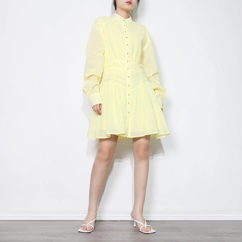 

Solid Patchwork Pleated Dress For Women Stand Collar Long Sleeve High Waist Minimalist Dresses Female Fashion New