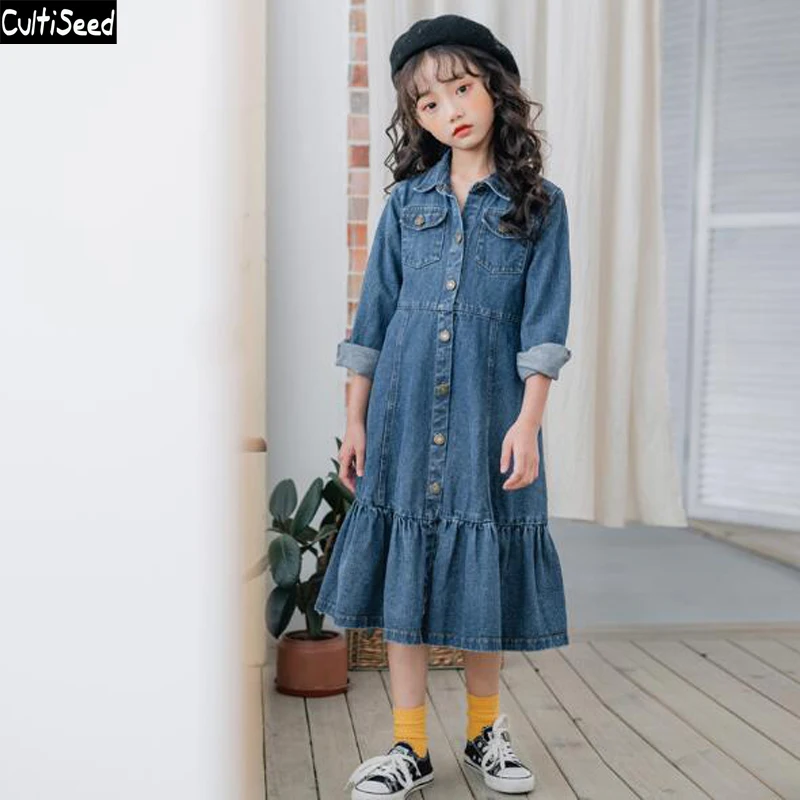 

Cultiseed Girls Single Breasted Denim Jeans Dress Big Children Girl Autumn New Long Sleeve Long Dress Kids Ruffles Casual Dress