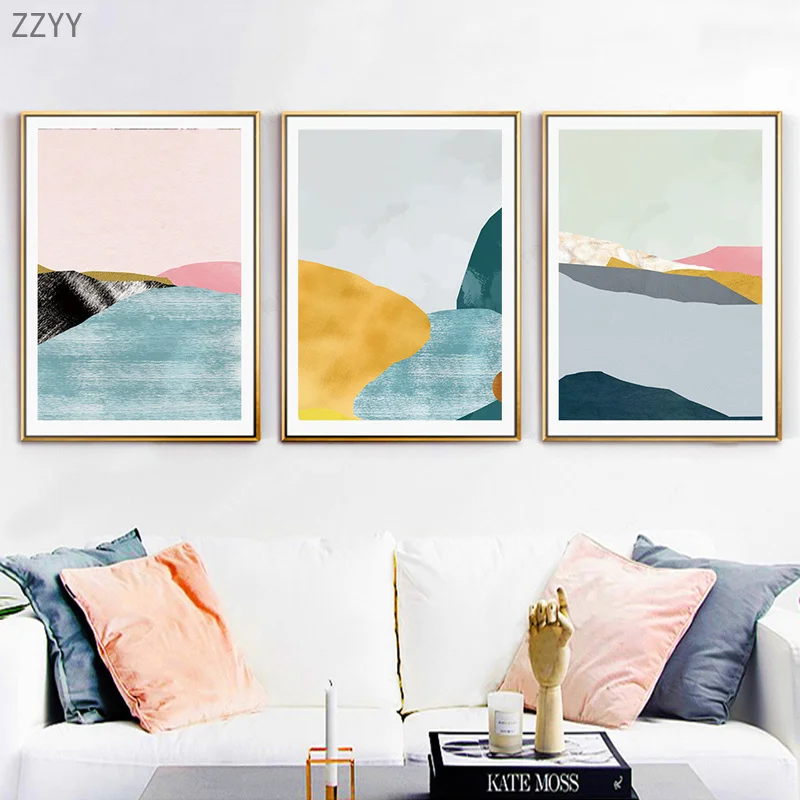 Северные абстрактные горы и реки светло-розовые синие геометрические узоры декоративных картин на холсте домашнего декора плакат.