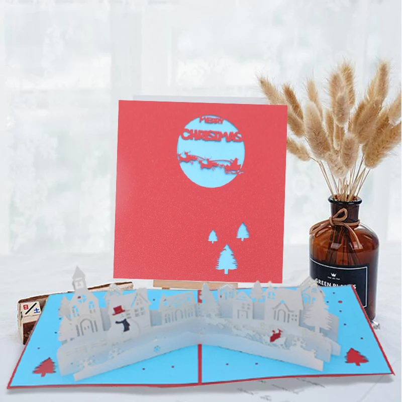2pcs Christmas Building Deer Pop UP Cards Greeting 3D Invitation Card New Year Thanksgiving Thank You Card Postcard with Envelop