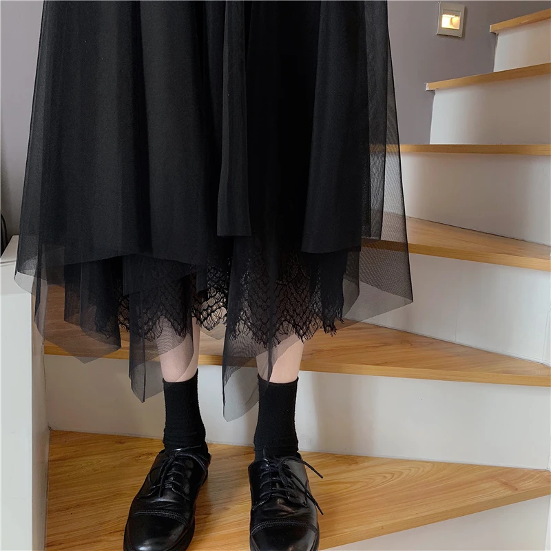 Черные Сетчатые юбки для женщин нежная юбка-трапеция средней длины в Корейском