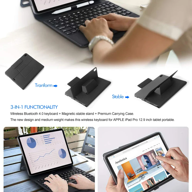 [Новинка] Беспроводная клавиатура Blue tooth для iPad pro 12,", Премиум чехол из тонкой кожи+ умный сон+ все в одном дизайне