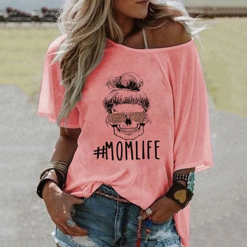 

Summer Fashion Skull Pattern T-Shirt Women MOMLIFE Letter Print O-Neck Pullover Female Casual Loose Beach Vacation Girls Top Tee