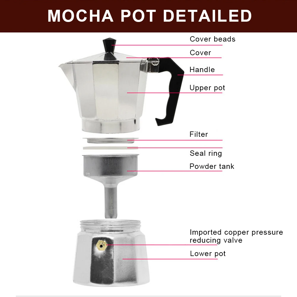 

50-600ML Aluminum Mocha Coffee Pot Rapid Stovetop Coffee Brewer Classic Octagonal Shape Kitchen Accessories Coffee Utensils Ship