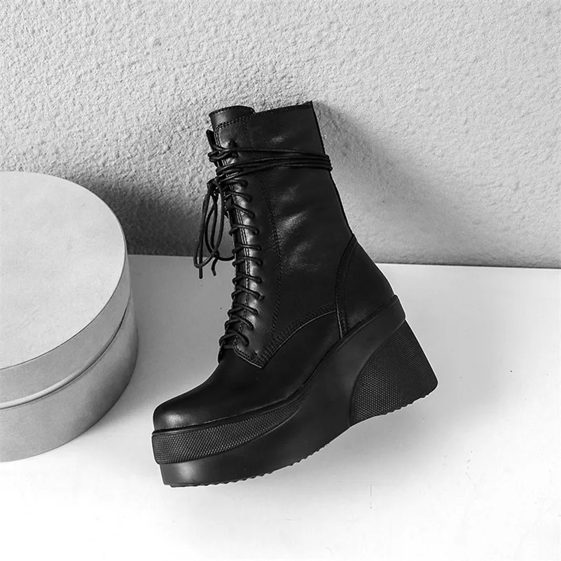 Meotina Winter Ankle Boots Women Natural Genuine Leather Platform Wedge High Heel Short Zip Round Toe Shoes Ladies Fall 39 | Обувь
