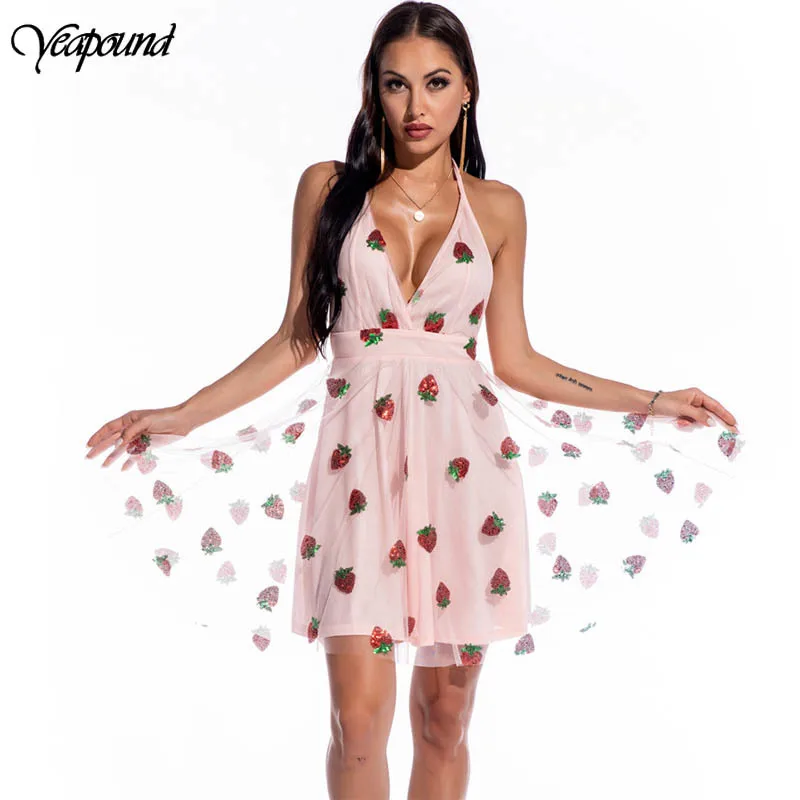

Female Summer Halter Mesh Dress Sexy V-Neck Sweet Strawberry Sleeveless Party Pleated Dress Net Yarn Summer Backless Dresses