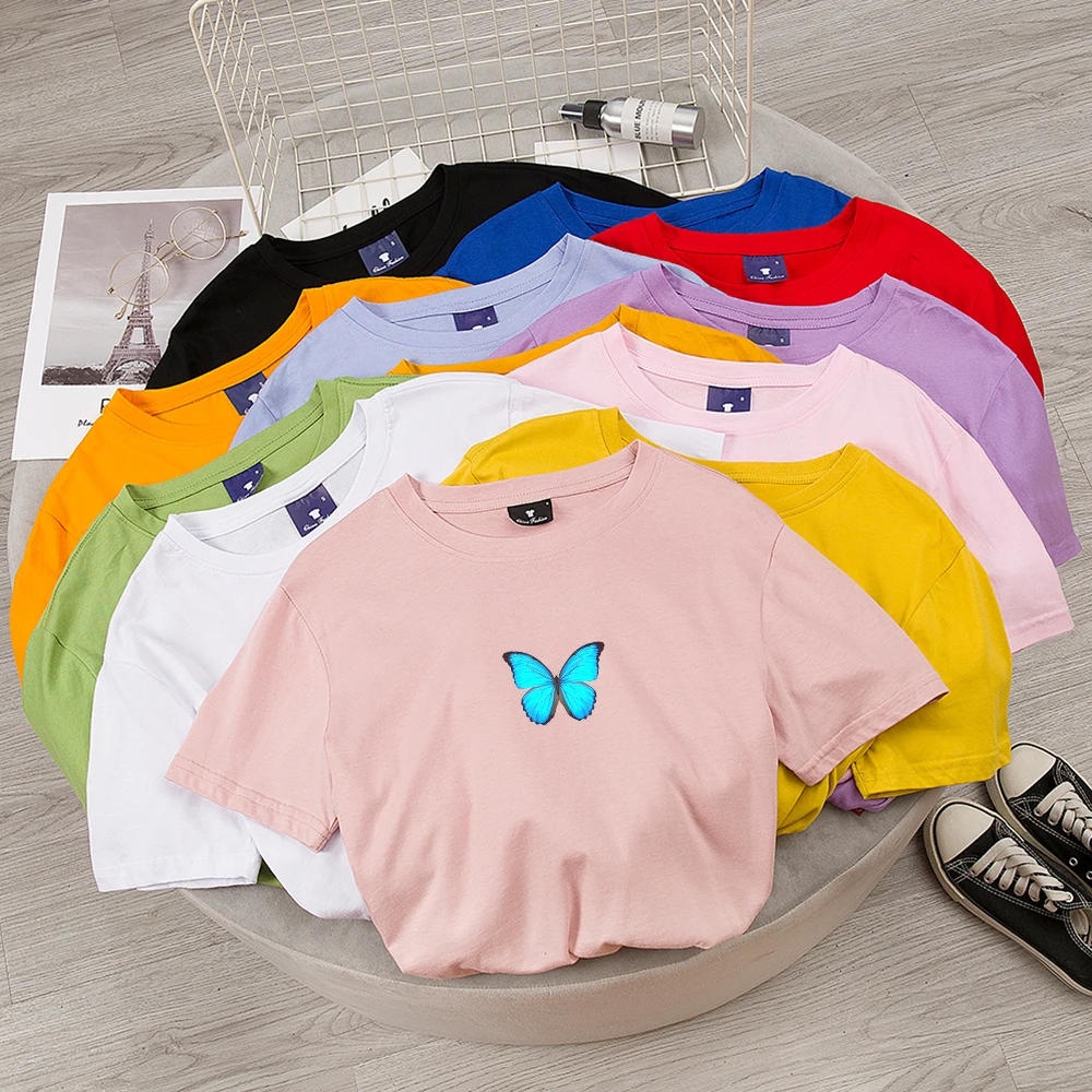 Женская футболка Harajuku летняя синяя с принтом бабочки графикой Повседневная