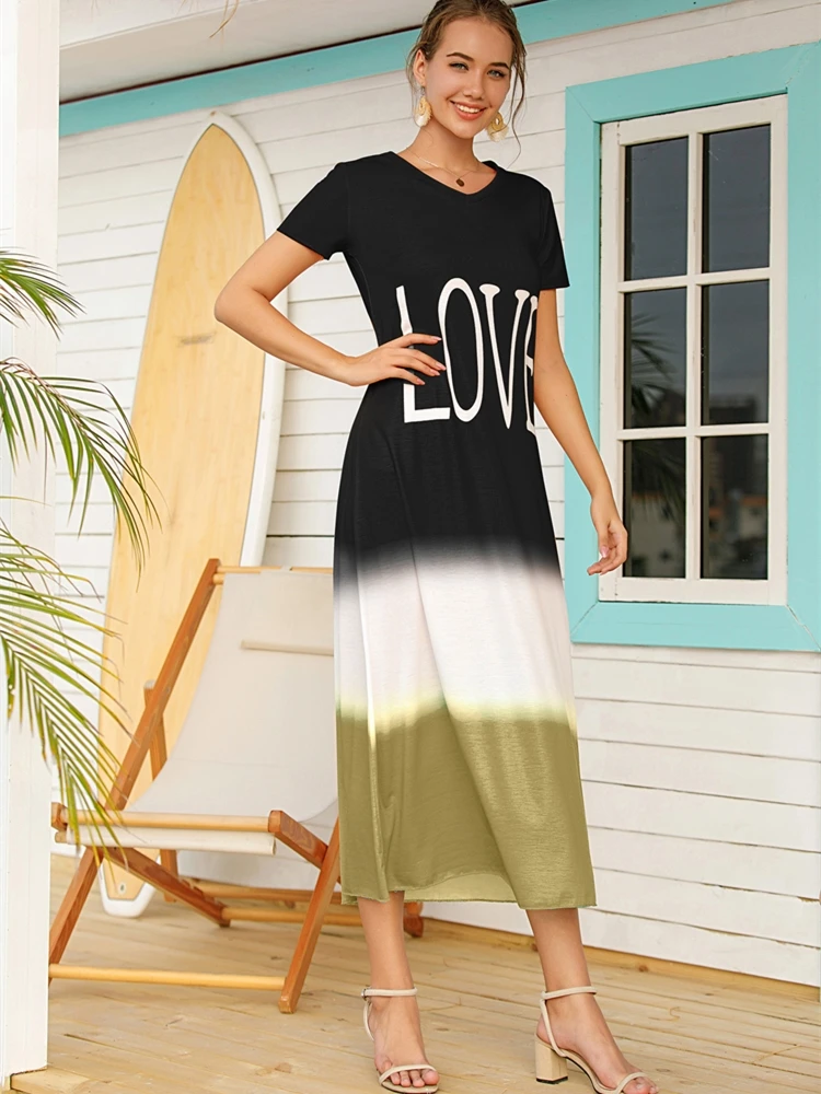 

Maxi Dresses For Women Summer 2021 Fashion Short Sleeve Gradient Letter Print Sundresses Loose Plus Size Clothing 3XL 4XL 5XL