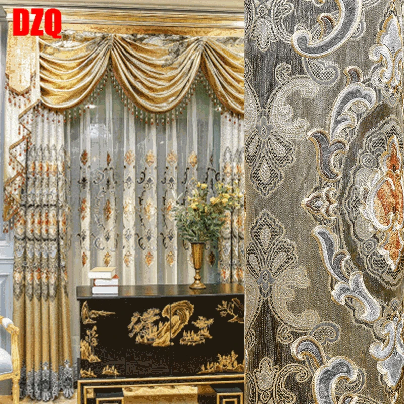 

European Luxury Embossed Printed Curtains for Living Room Bedroom Chenille Blackout Curtains Treatment Drapes Home Decor