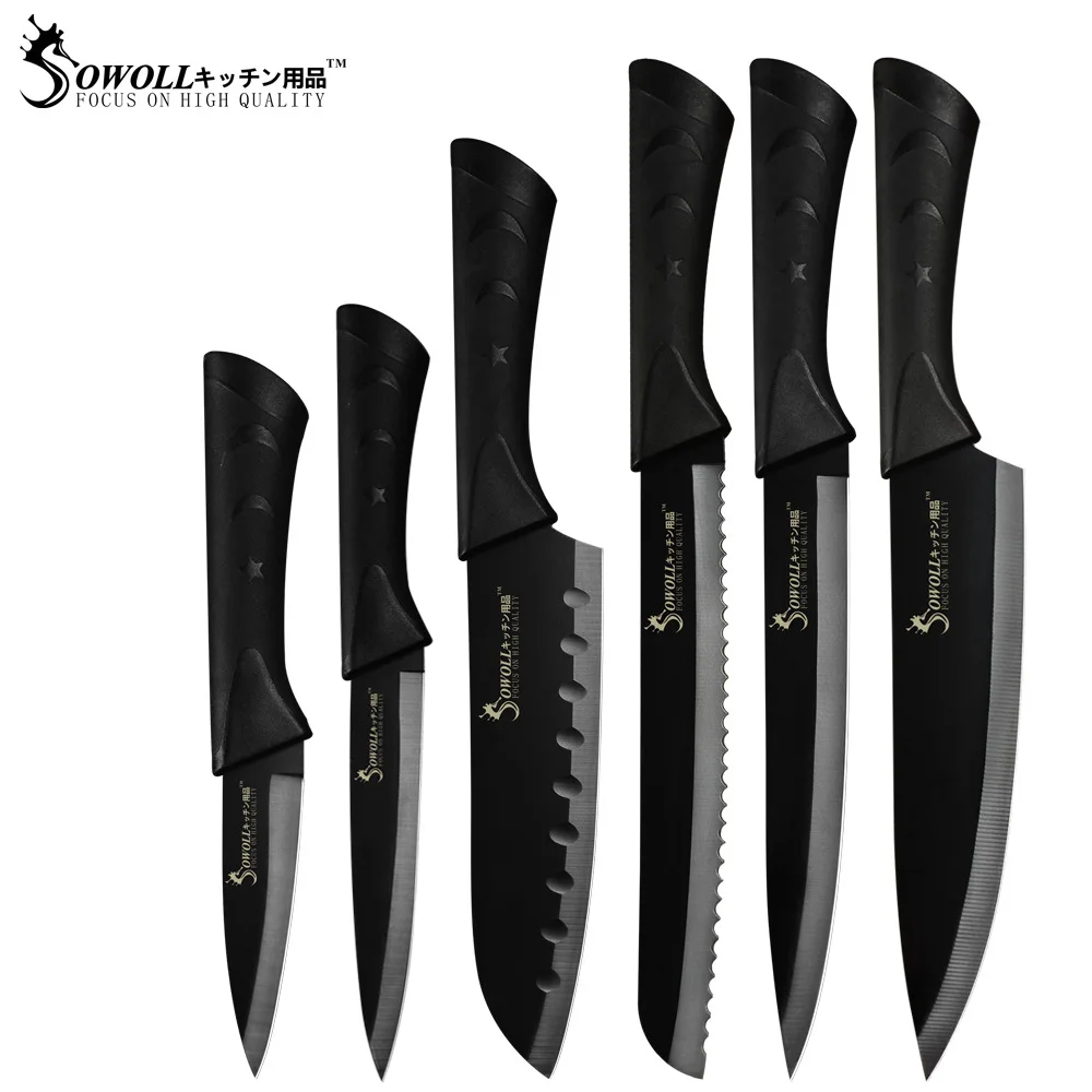 

Sowoll 6 Pcs/Set Stainless Steel Kitchen Knives Set Sharp Black Blade Bread Knife Meat Fish Cleaver Chef Knife Set Cooking Tool
