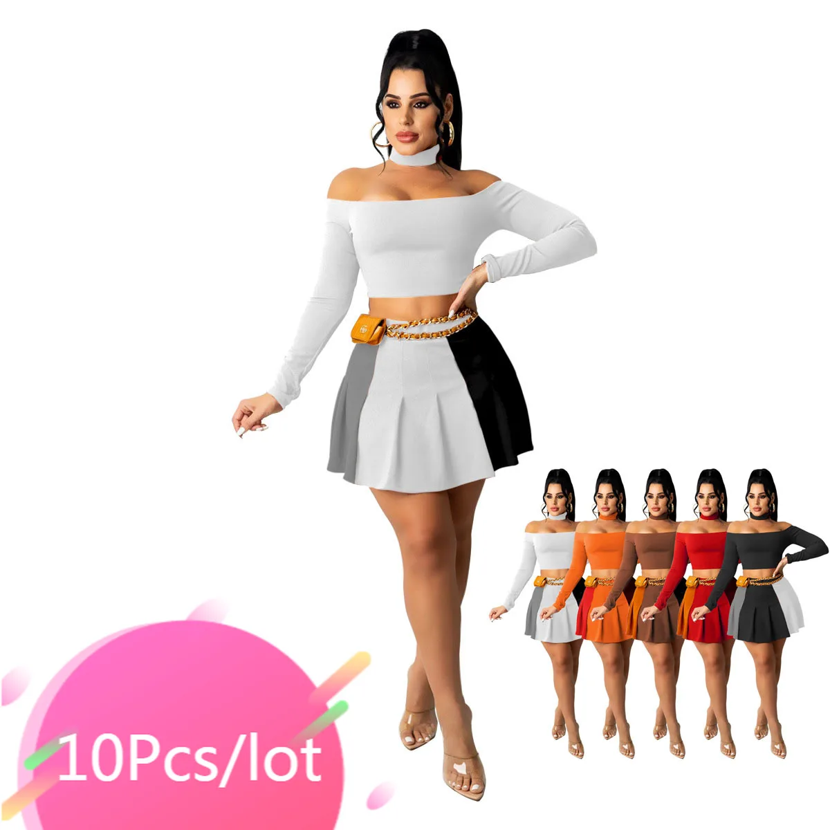 

Bulk Items Wholesale Lots Fall Two Piece Skirt Sets Off Shoulder Crop Tops Patchwork Pleated Mini Skirt Women Casual Streetwear