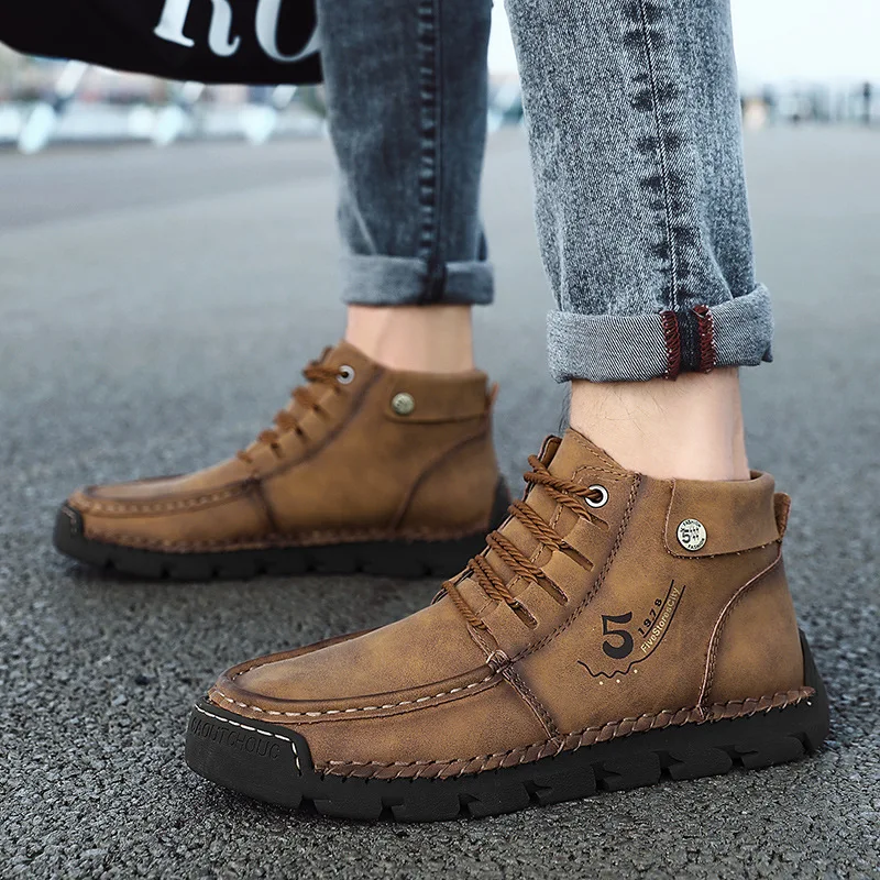 

Men's Casual Leather Shoes 2021 Autumn New Mid-Top Martin Boots plus Size 47 48 Work Shoes Men