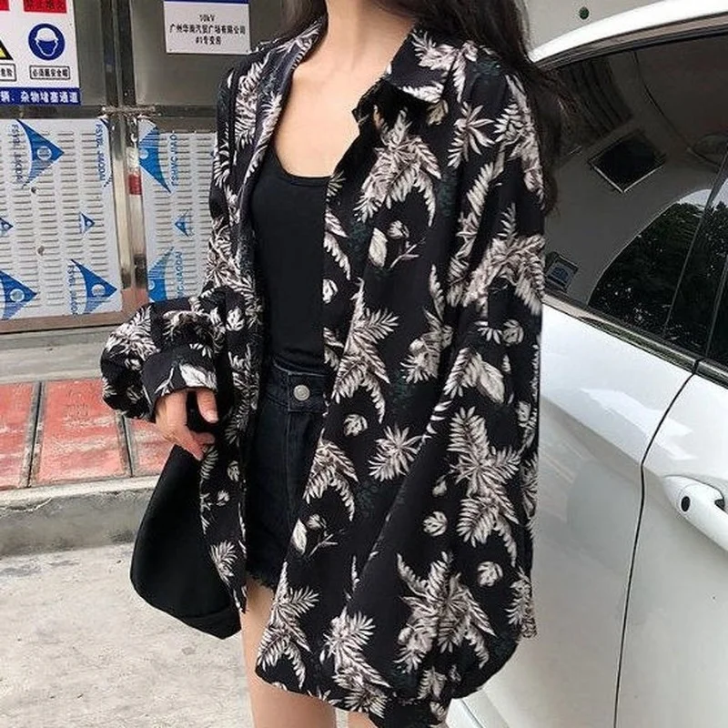 

Vintage Blouses Puff Long Sleeve Harajuku Oversize Black Shirt Button Up Cardigan Korean Fashion Spring Summer Women ladies tops