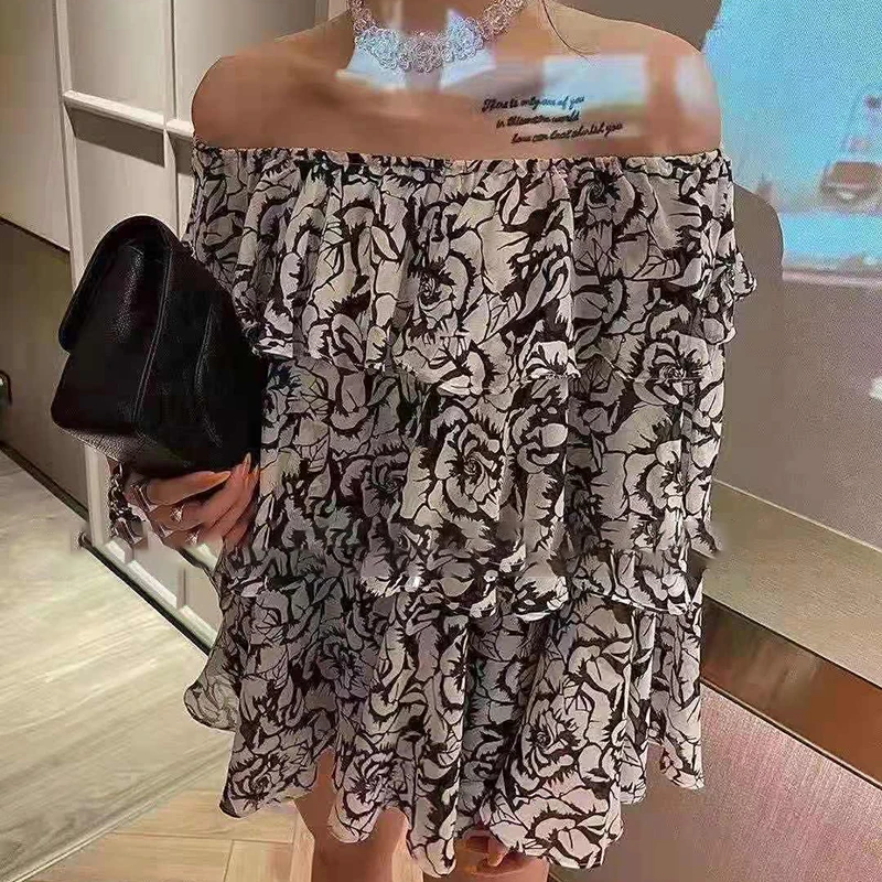 

GALCAUR Print Shirt For Women Slash Neck Flare Long Sleeve Off Shoulder Loose Designer Hit Color Blouses Female Fashion 2021 New