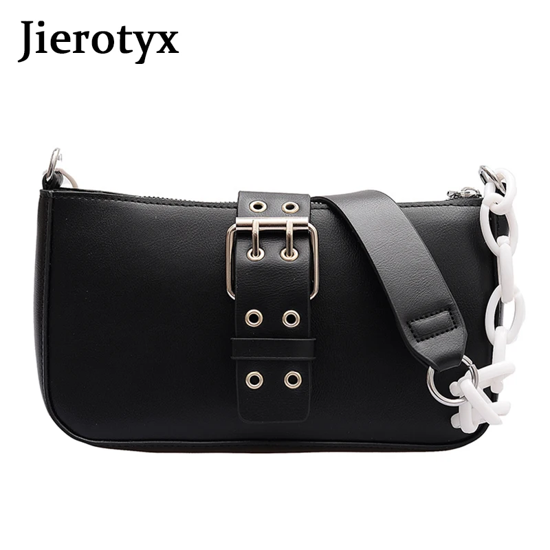 

JIEROTYX New Designer Leather Shoulder Bags For Women Exquisite White Chains HandBag Ladies Fashion Belt Buckle Decoration Bag