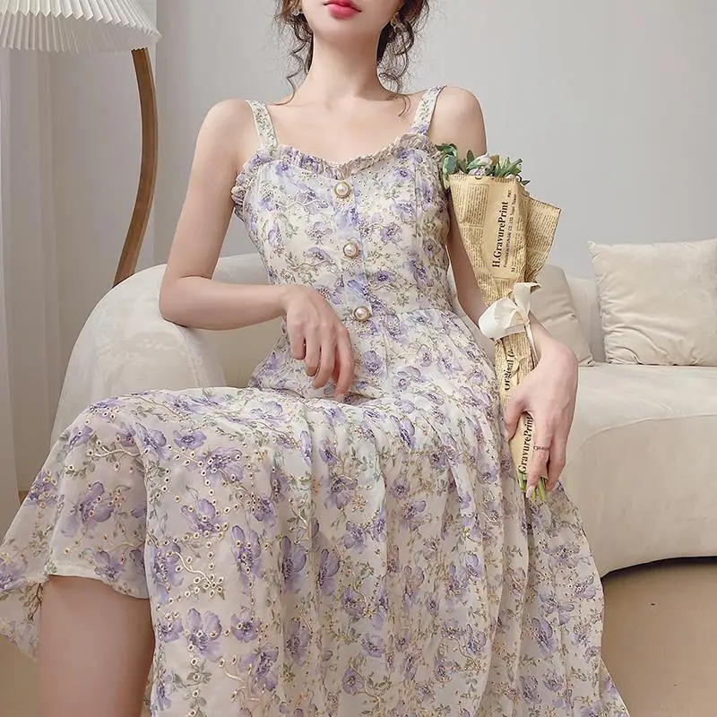 

JuneLove Women Summer Print Floral Midi Dress Vintage Franch Style Female Strapless Party Dress Casual Holiday Lady Boho Vestido