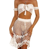 off shoulder knitted crochet crop top and skirts women 2 piece set summer bikini beachwear boho lace up suit 2020