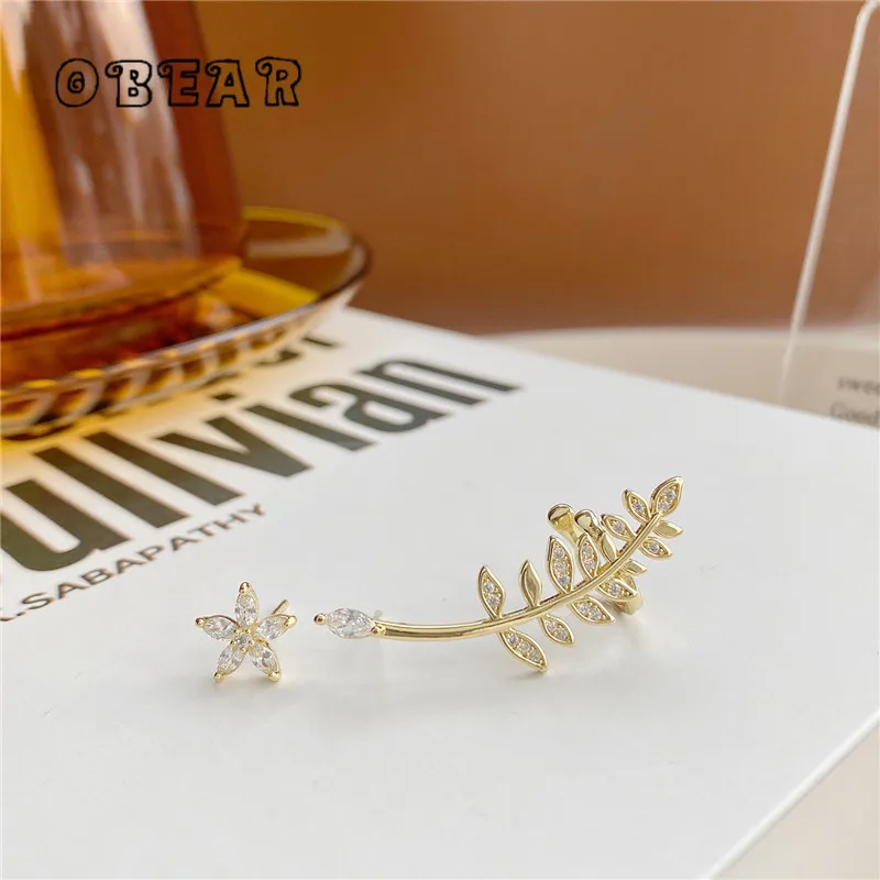 

OBEAR 14k Real Gold Plating Temperament Zircon Asymmetric Leaf Flower Stud Earrings Women Fashion Anniversary Jewelry