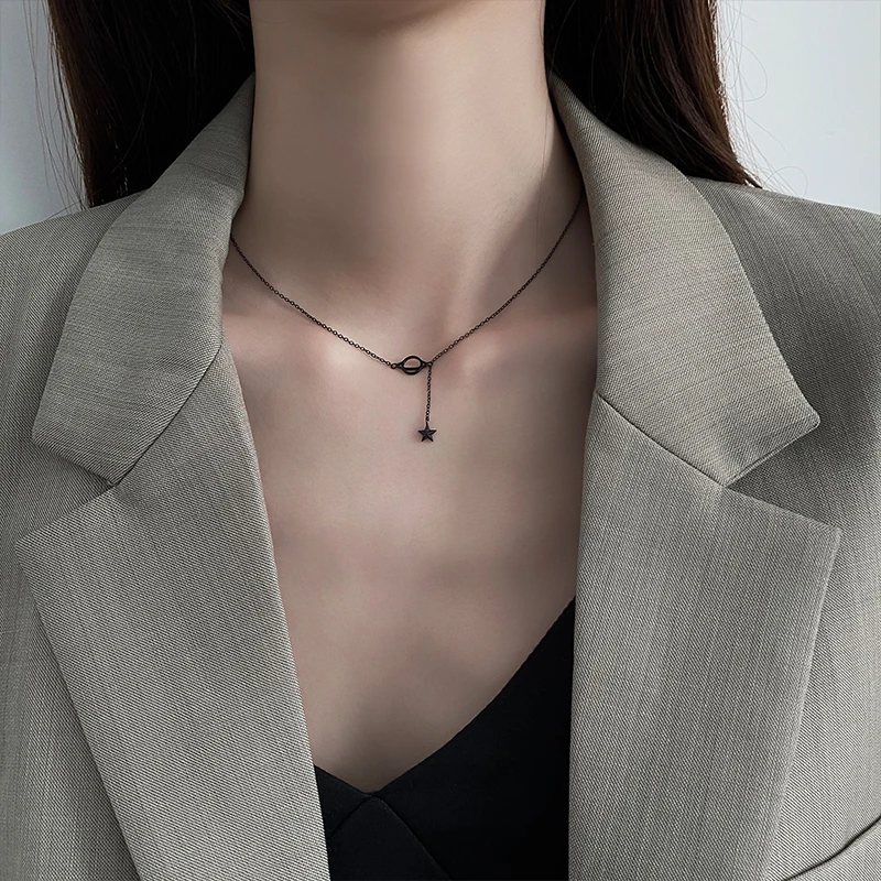 

Tassel Star Black Color 925 Sterling Silver Clavicle Necklace For Women Girls Cool Trendy Fashion Jewelry Gift