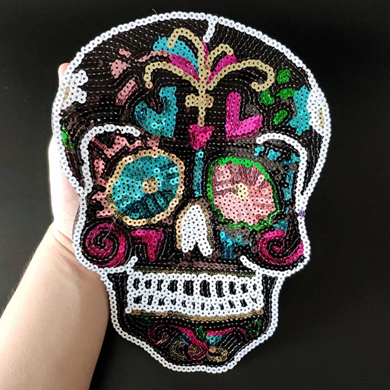Clothing Women Shirt Top Diy Large Patch Skull head Sequins deal with it T-shirt girls Biker Patches for clothes Punk Stickers