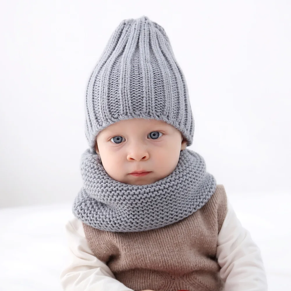 2021 Baby Hats Scarf Knitted Warm Fur Pompom Round Machine Cap Protects Ear Bonnet Winter Caps 2 Pcs/Set | Аксессуары для одежды