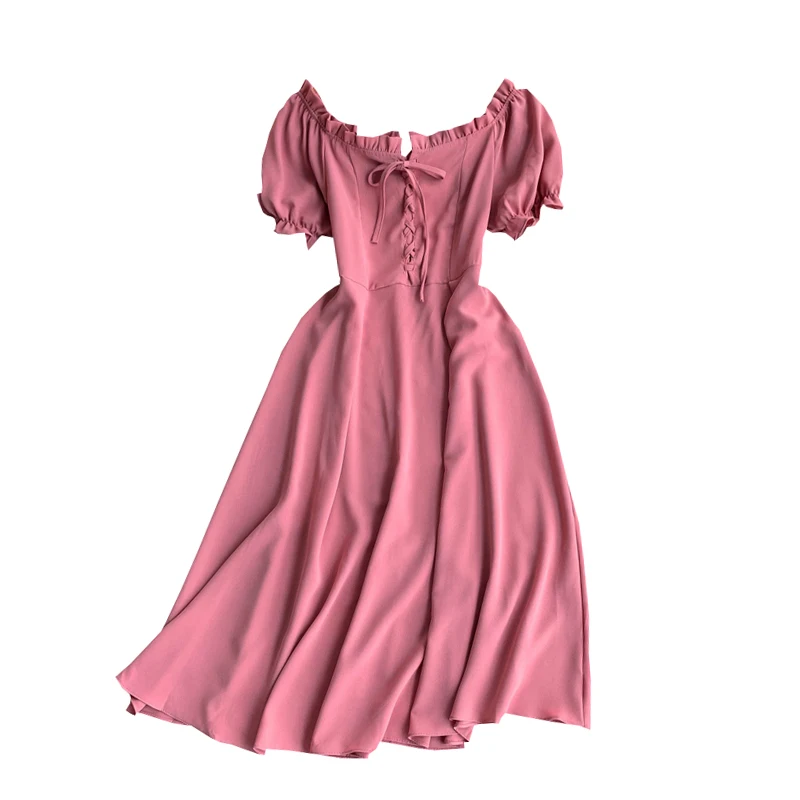 

Fashion Slash Neck A Line Slim Party Dress 2020 New Summer Ruffles Short Puff Sleeve Dress Careful Lace-up Retro Dress Vestidos