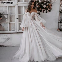 sevintage boho wedding dresses tulle puff sleeves a line sweetheart bride gown long sleeves off the shoulder wedding dress