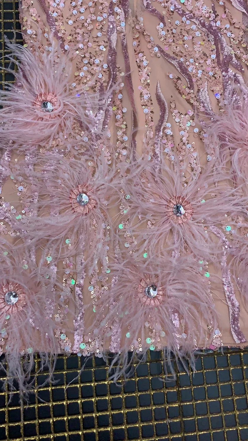 

High Quality Pink Mini Feather V-neck Fashion Bodycon Dress Night Club Party Bodycon Dress