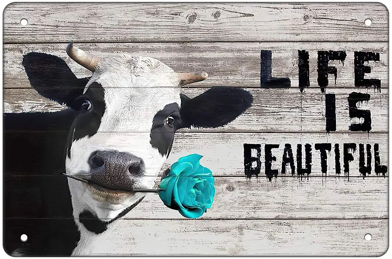 

Metal Sign Life Is Beautiful Cute Cow Family Bedroom Bathroom Interior Wall Art Poster Retro Metal Sign 8X12 Inches