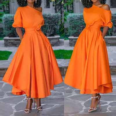 

Casual Sexy Dress Spring Summer 2020 New Fashion Women Solid Lantern Half Sleeve Party Dress Draped Long Dress