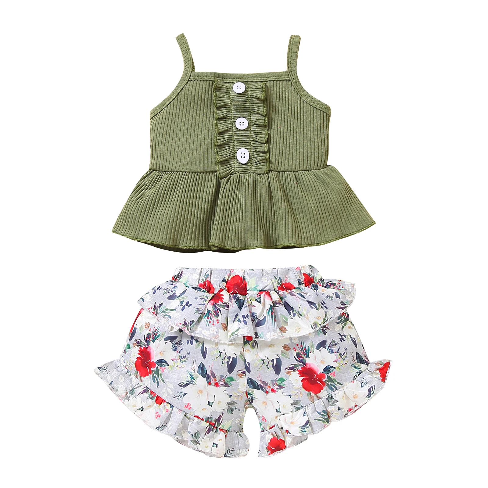

OPPERIAYA 2Pieces Kids Suit Casual Set Solid Color Sleeveless Spaghetti Strap Tops Floral Print Shorts for Summer 0-3 Years