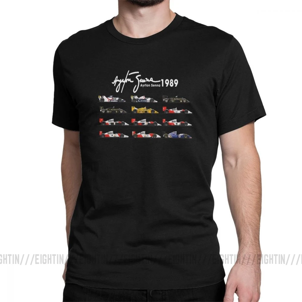 Мужская футболка с надписью «All The Cars Ayton Senna», «Formula 1», «Racing Car F1», топы с короткими рукавами и круглым вырезом, футболка из чистого хлопка, летние футболки - Цвет: Черный