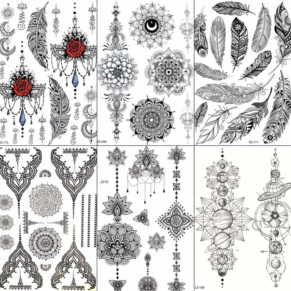

FANRUI Feather Chians Rose Sexy Black Henna Temporary Tattoo Sticker Lace Fashion Mehndi Fake Tatoo Body Art Arm Tattoo DIY