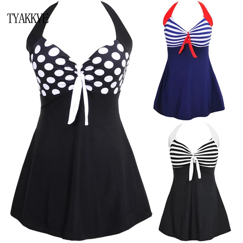 

TYAKKVE Sexy One Piece Halter Stripe Women Plus Size Swimwear Skirt Push Up Bathing suit Tankini SwimSuit Dress Vintage Monokini