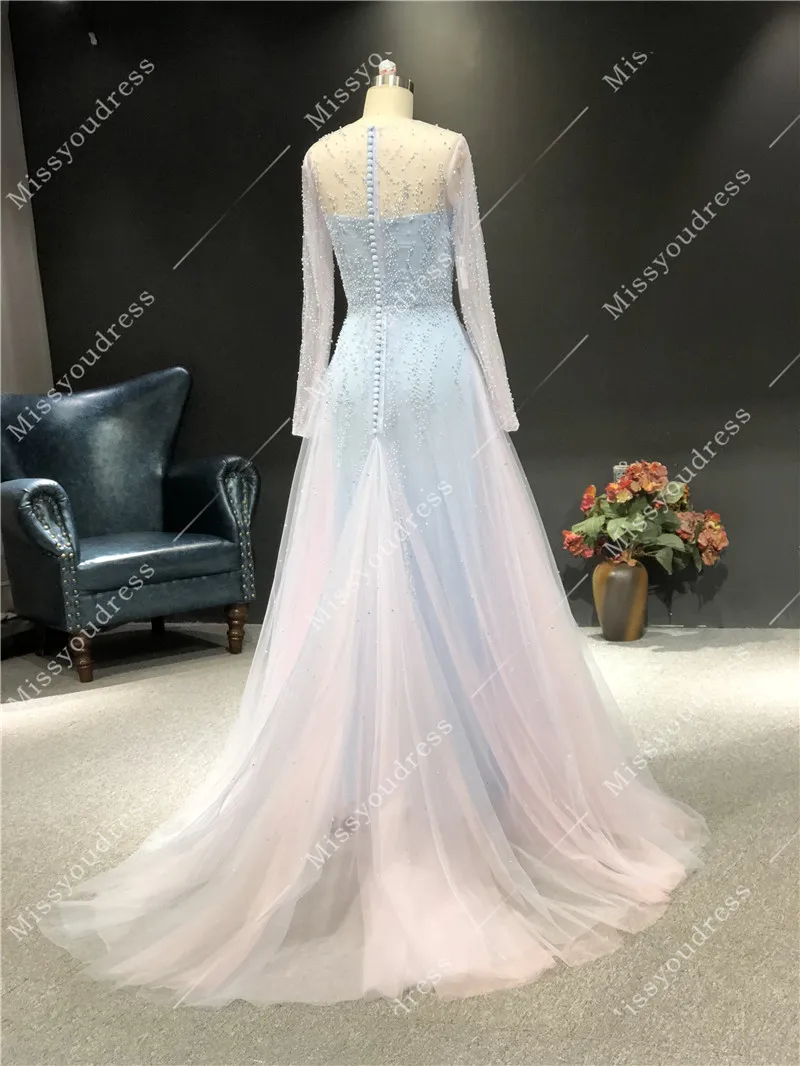 Vestidos de fiesta 2021 Real Pictures Sky Blue Pink Heavy Beads Long Sleeves Floor Length Formal Party Prom Evening Dresses