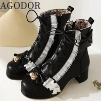 agodor bow ankle boots lolita shoes chunky high heel lace up winter booties shoes platform sweet kawaii boots for ladies shoes