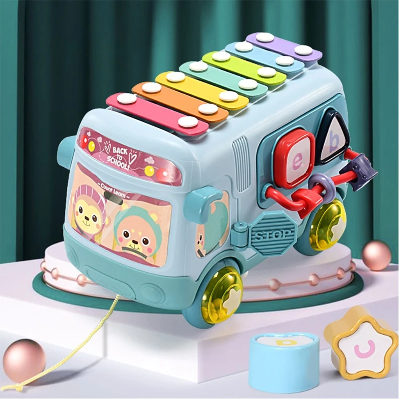 

School Bus Toy Piano Xylophone Percussion Shape Puzzles Educational Music Toys Early Brain Development for Kids Toddler